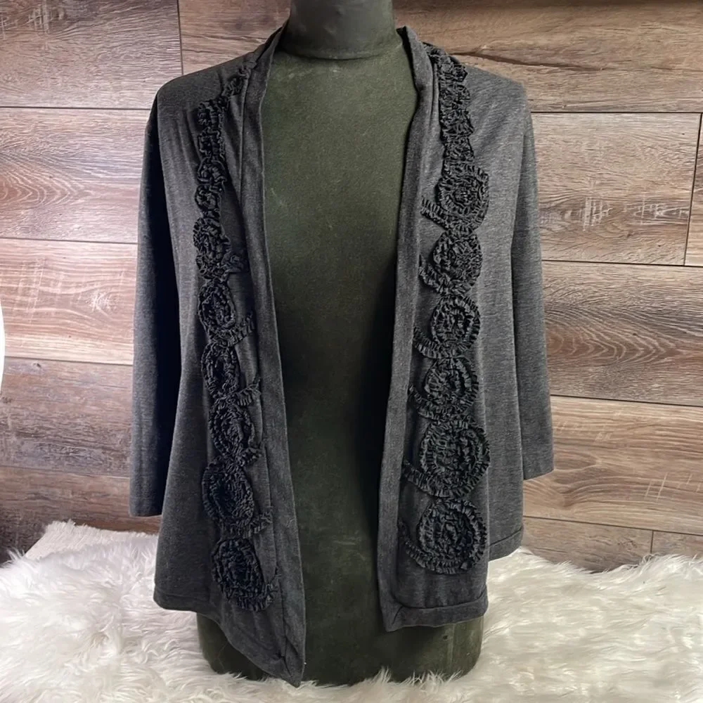Forever Fashion Ladies Cardigan, Size Petite Small, Black with Cloth Floral Trim